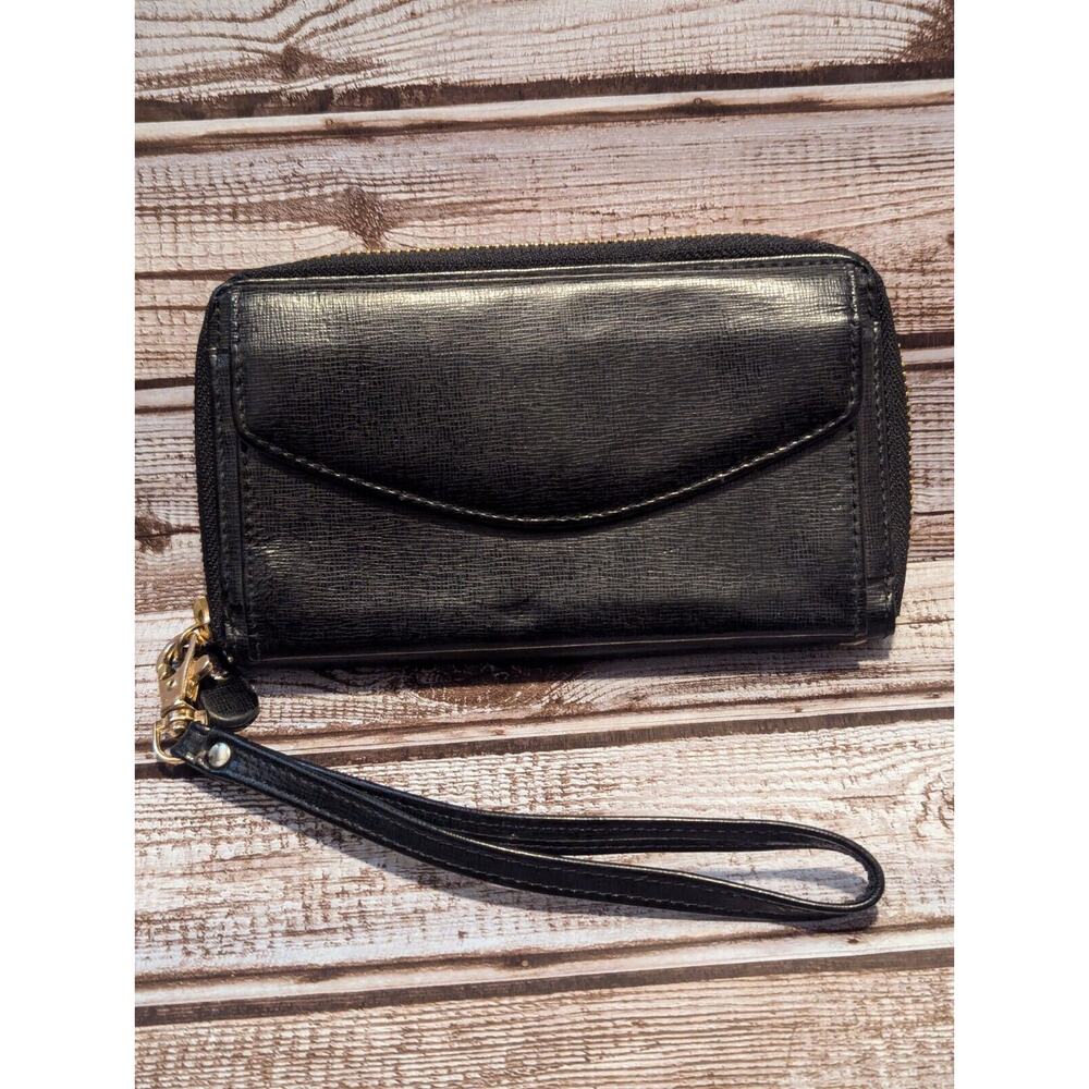Vintage Women's Wristlet Wallet Black Genuine Leather Zip Around Clutch